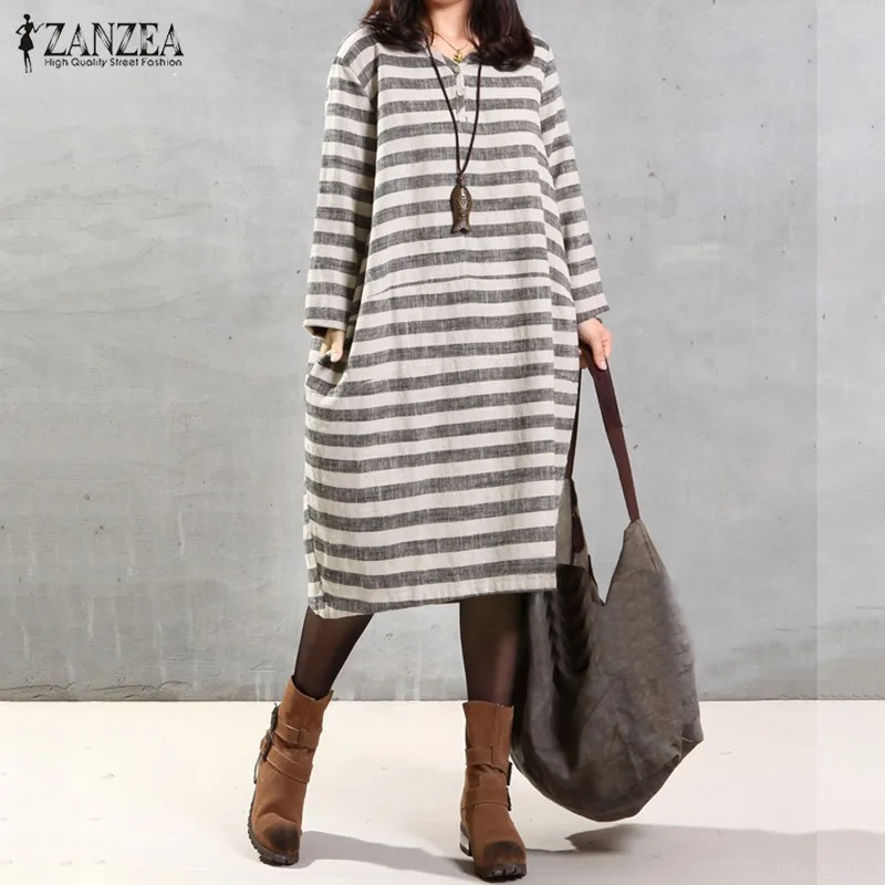 ZANZEA женское осеннее повседневное Свободное платье с v-образным вырезом с длинным рукавом в полоску с принтом выше размера d платье до середины икры Vestidos размера плюс S-5XL