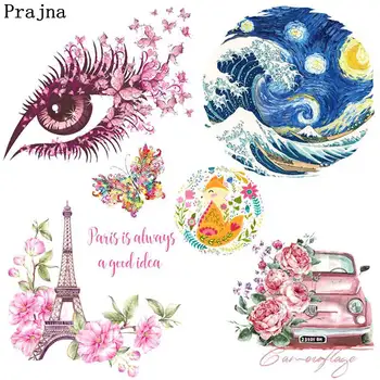 

Prajna Eyeball Butterfly Iron On Transfer Paris Tower Painting Heat Transfer Vinyl Thermal Stickers Summer Style On T-shirt DIY