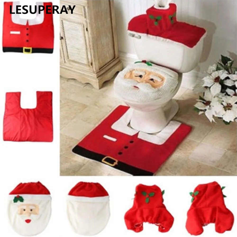 

Christmas Seat Cover Decoration Happy Santa Toilet Bathroom Rug 3 Piece Set Xmas