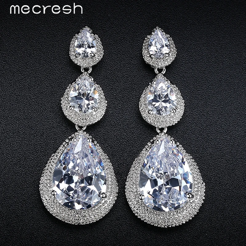 Mecresh Schwarz/Silber Farbe CZ Braut Hängen Ohrringe für Frauen 2018 Hochzeit Party Lange Tropfen Brincos Weihnachten Schmuck EH686