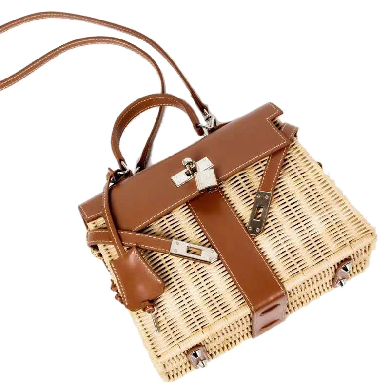 Высококачественная сумка из ротанга, женская сумка из натуральной кожи, тканые сумочки из ротанга, кожаная переносная сумка-мессенджер с замком и ключом - Цвет: Light Brown