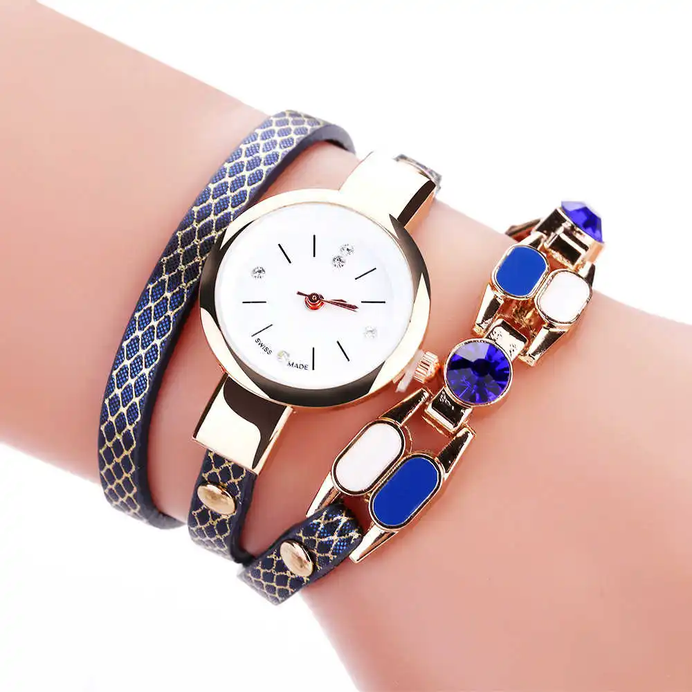 Новые женские наручные часы алмазный круг браслет часы для женщин студентов в черном, синем, коричневом, ярко-розовом, красном, небесно-голубом, белом цвете - Цвет: Blue