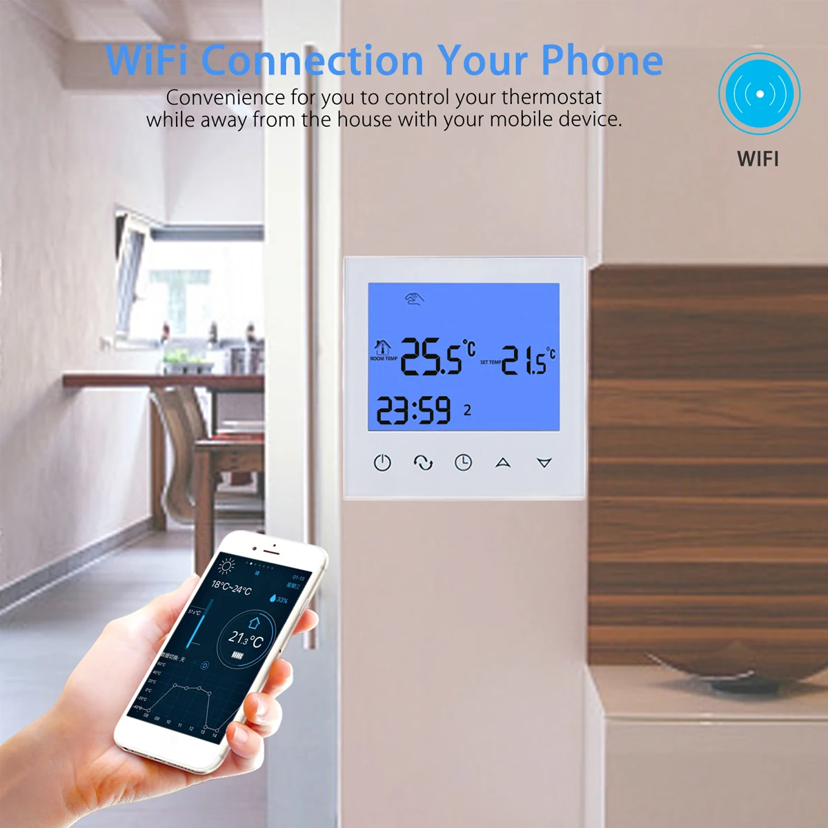 

LCD Digital Screen Smart WiFi Programmable Thermostat Heater APP Control Electric Valve Memory Function IOS Android White