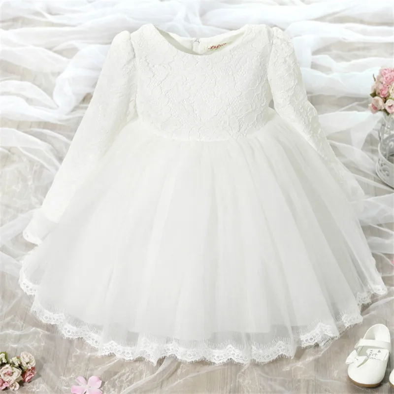 Платье для новорожденных девочек vestido infantil/детское кружевное платье белого и розового цвета платья для свадебной вечеринки с длинными рукавами для девочек 1 год