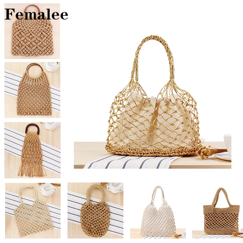 

FEMALEE Bohemian Hollow Out Women Beach Tote Handmade Weave Mesh Wood Round Handle Street Photo Soft 2018 INS Hot Casual Handbag