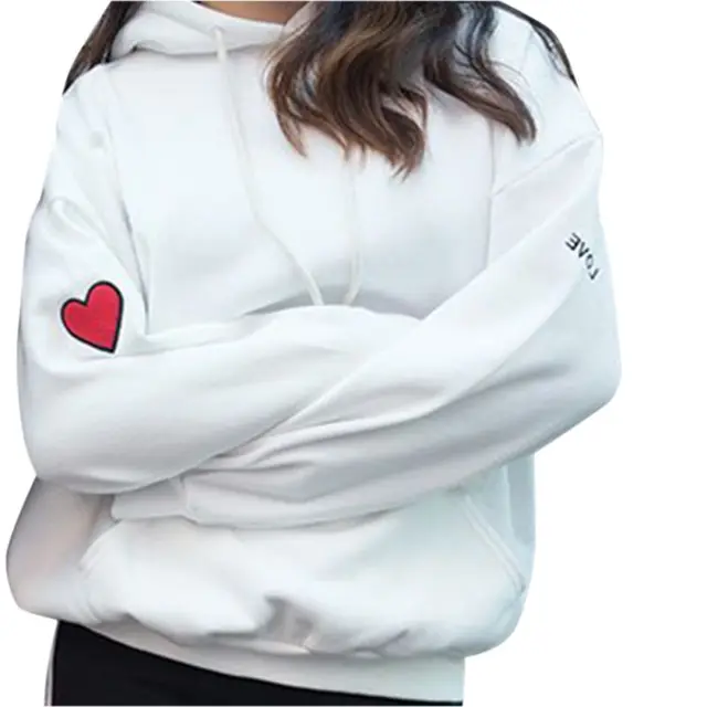 Fashion Women Chic Hoodies Love Heart Embroidery Winter Sweatshirt