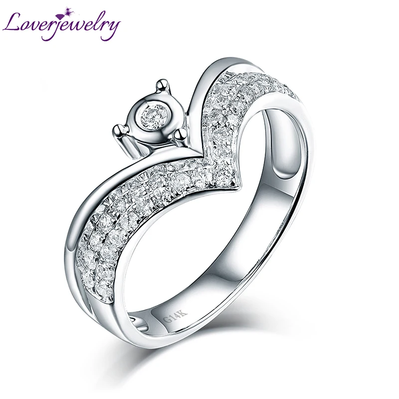 Real 14k White Gold Crown Diamond Ring For Wedding Rings Good Dia