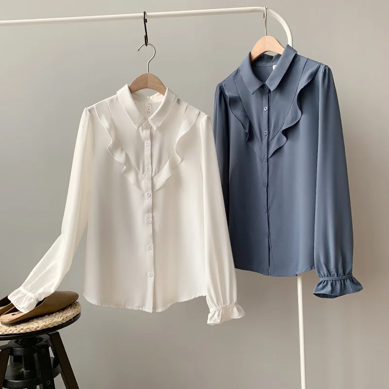 De Tops Blanco 2019 Casual Coreana Volantes Moda Marino Elegante Larga Manga azul Cuello Mujer Blusas Camisas Blanco fxq7d4x