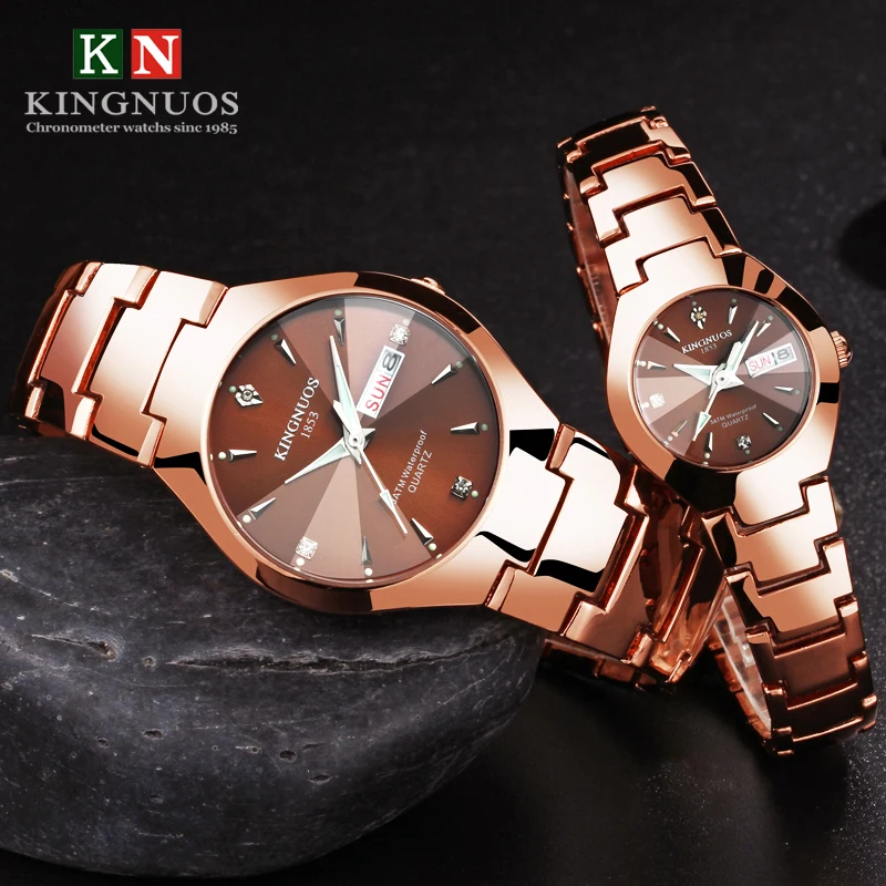 

KINGNUOS Couple Watches Tungsten Steel Style Quartz Wristwatch Men Luminous Calendar Week Watch Fashion Women Dress Clock Lovers