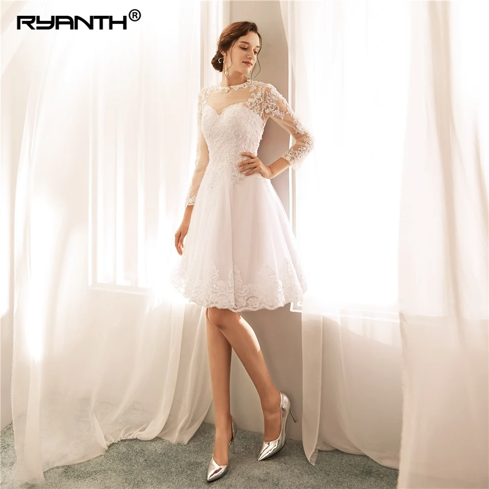 

Romantic Short Wedding Dress 2019 Sexy Sheer Illusion Vestido De Noiva Mini Long Sleeve A Line Bridal Gown Robe de mariage