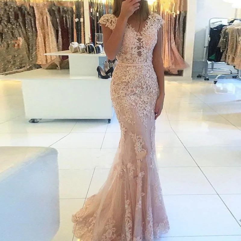 Light Pink Lace Evening Dresses Long Cap Sleeve Party Wear Prom Formal Evening Prom Gown Dress Women Party On Sale abendkleider
