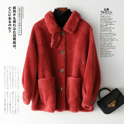 Шерстяная куртка, осенне-зимнее пальто, женская одежда, корейское элегантное пальто с натуральным мехом, Овечья овчина, мех Abrigo Mujer VA19305 ZT2833 - Цвет: red