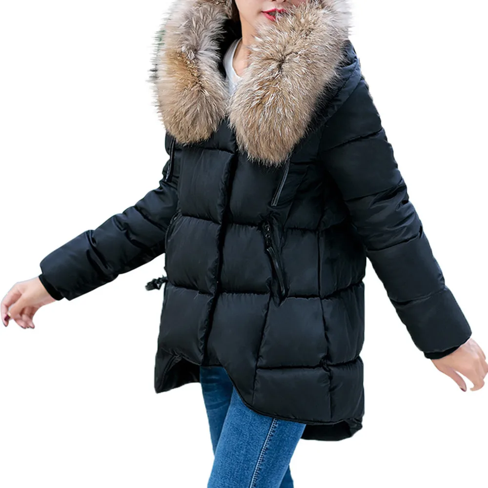 Winter Parkas jackets Women Clothing Fashion Casual Slim Thick Fur Collar Warm Hooded Outwear Coats Parkas With Hooded Overcoats - Color: Black