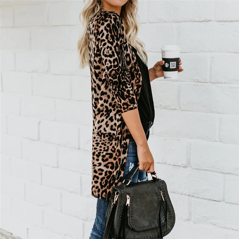  Fashion Womens Autumn Winter Casual Long Sleeve Leopard Print Fashion Coat Bllouse T-Shirt Tops Long coat New Arrival#4F01 (36)
