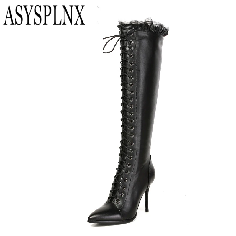 ASYSPLNX Cow Genuine leather Black high heel women riding knee high boots winter pointed toe elegant