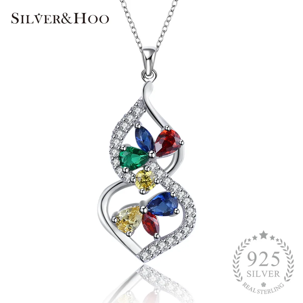 

SILVERHOO 2017 Collar Crystal Jewelry Female 925 Sterling Silver Pendant Necklace Christmas Gift Colorful Rainbow Hollow Flower