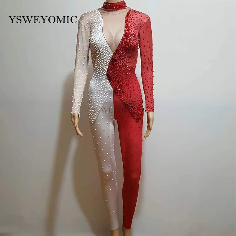White Red 2 Color Mixed Crystal Jumpsuit For Women One Piece Big Stretch Costume Women S Party Outfit Stage Singer Show Wear Chinese Folk Dance Aliexpress