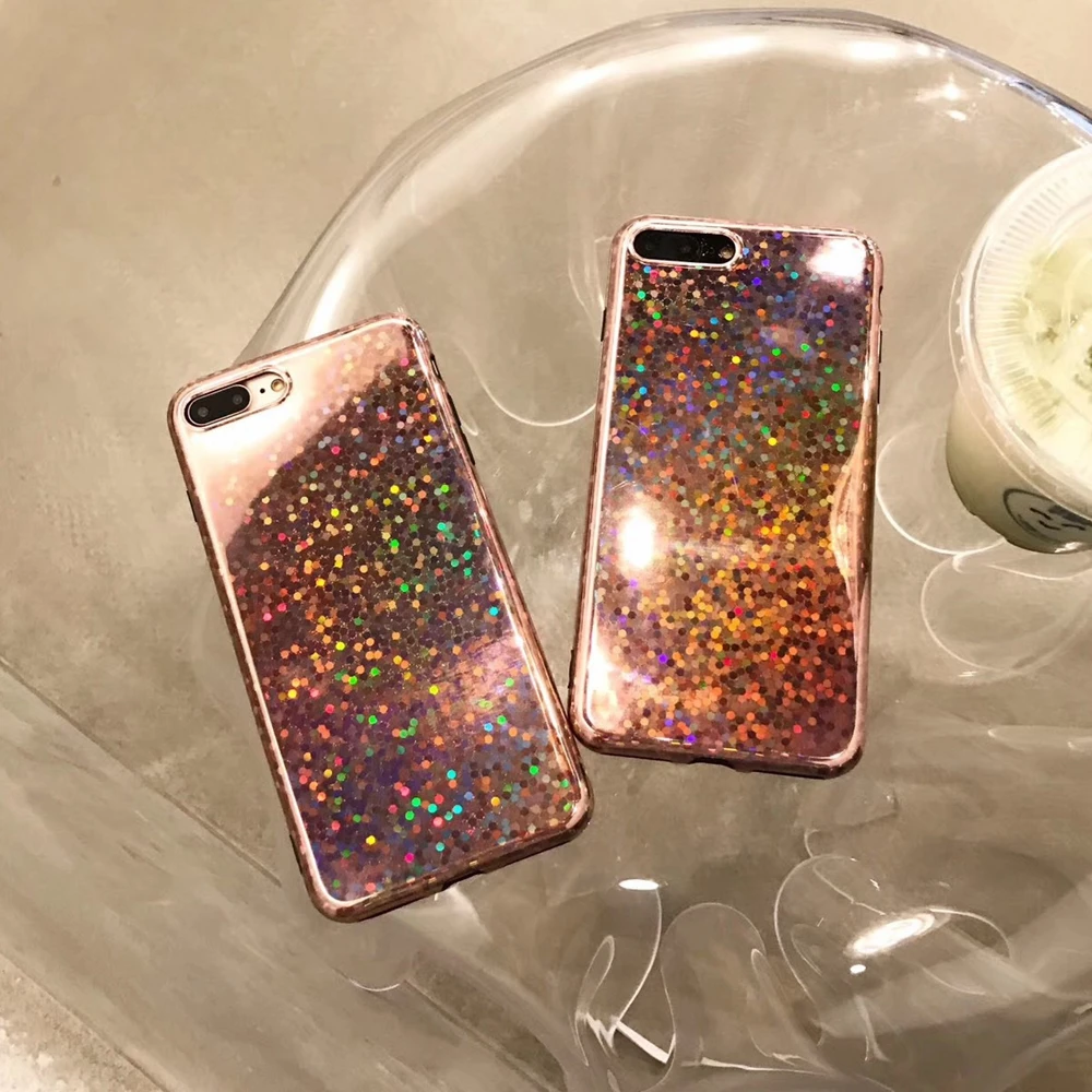 Розовый Золотой лазерный чехол для телефона с блестками iphone X 10 8 Plus Блестящий