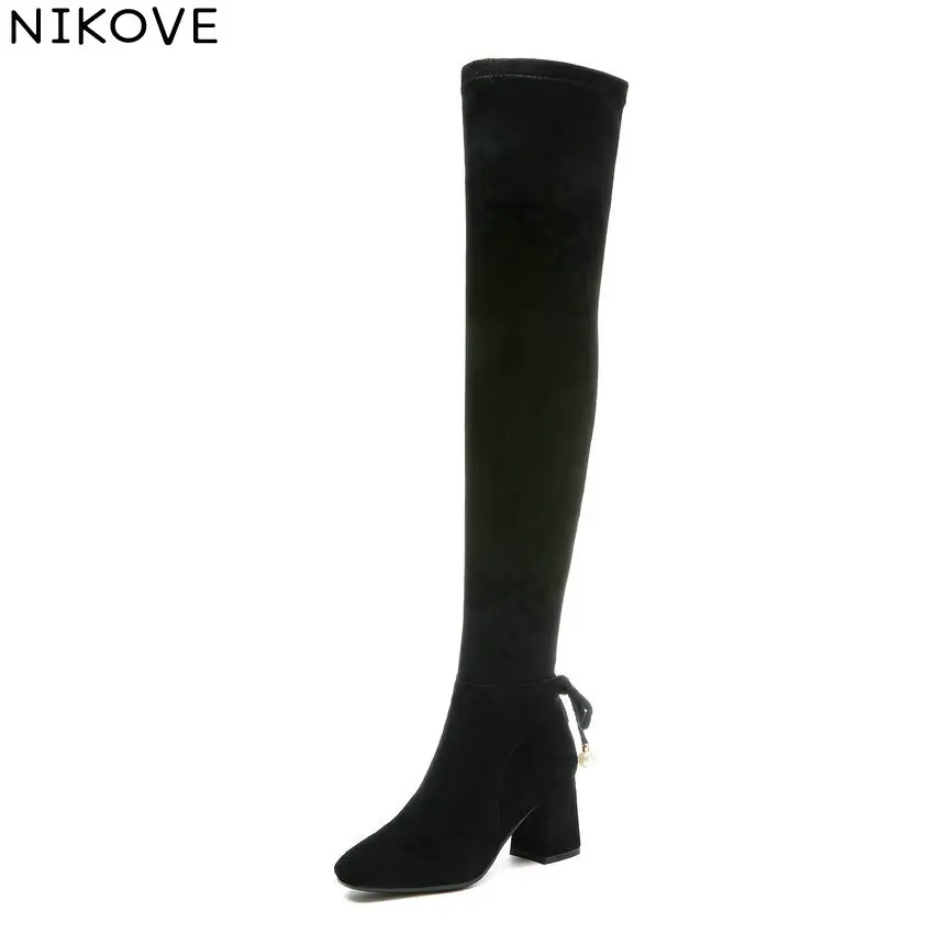 

NIKOVE 2019 Women Square Toe Zipper Boots Over The Knee Boots Square High Heels Flock Synthetic Warm Fur Ladies Boots Size 34-39