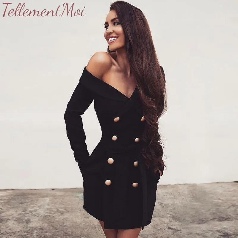

Blazer Dress Celebrity Party Club Dresses Women Off Shoulder Double Breasted Black Mini Dress Lady Elegant Slim Bodycon Dresses