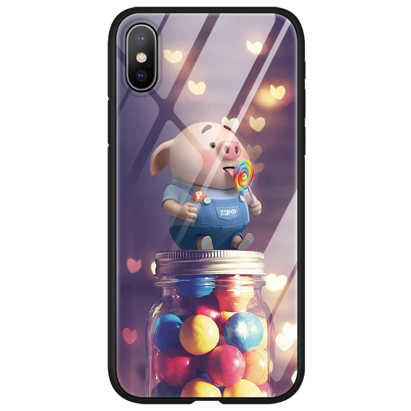 Luxury Tempered Glass Phone Case For iphone X 11 Pro XS Max XR 10 6 6S 7 8 Plus Pig Small Fart Cute Case For iphone XS Max Coque - Цвет: 0ztanggu