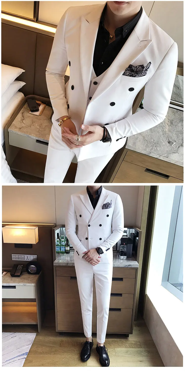 Куртка+ жилет+ брюки) Новая мужская мода сплошной цвет формальный деловой двубортный костюм 3 комплекта/жених свадебное платье костюмы