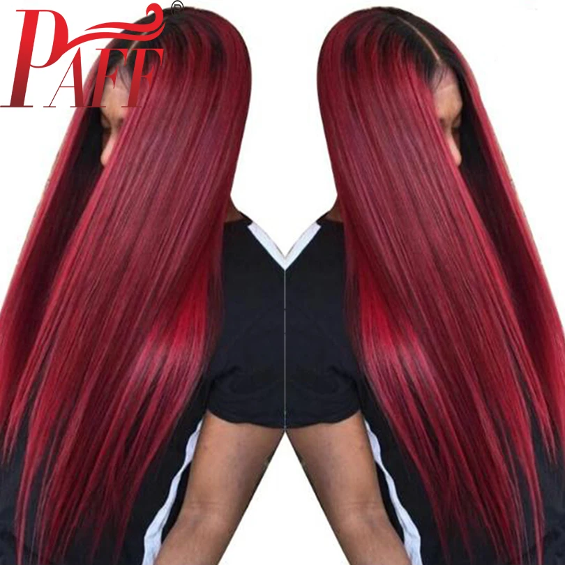 PAFF цвет красного вина бесклеевого шнурка человеческих волос передний парик прямой девственные волосы бразильский два тона 1B 99J парик со средней частью средняя часть