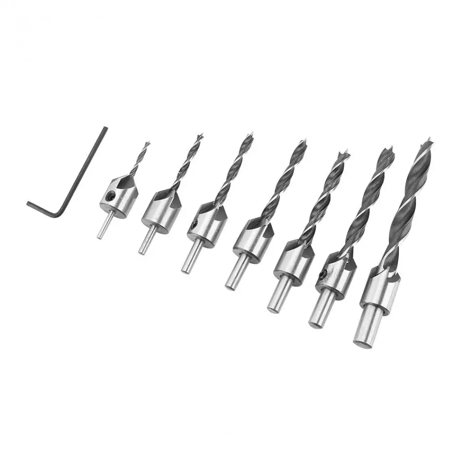 Fdit 7pcs/Set Steel 5 Flutes Countersink Drill Bit Woodworking Chamfer Reamer Tools 3mm-10mm w/ Hex Key For Woodwork ferramentas |
