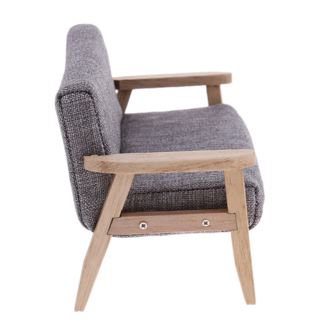  5 Pieces 1/12 Dollhouse Living Room Furniture Set Miniature Wooden End Table, Single Sofa Chair, Double Sofa Chair and Carpet