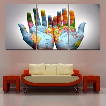 

Inkjet decorative frameless oil painting triple starry sky palm world map wall painting