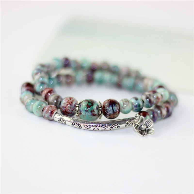 

Lidavi Flower Ceramic Beads Double Bracelets Natural Stone Charm Handmade Accessories Bronze Porcelain Bangles Fashion Gift B42