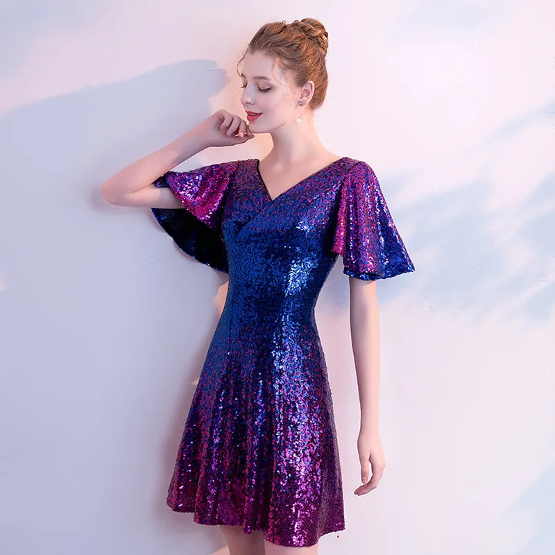 Robe De Cocktail Sequins коктейльные платья с v-образным вырезом и коротким рукавом платья для выпускного вечера женские вечерние платья