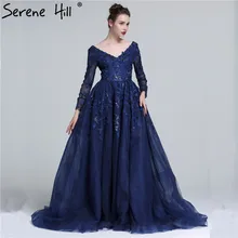 Navy Blue Long Sleeve Tulle Fashion Evening Dresses Deep-V Appliques Sequined Sexy Evening Gowns LA6099