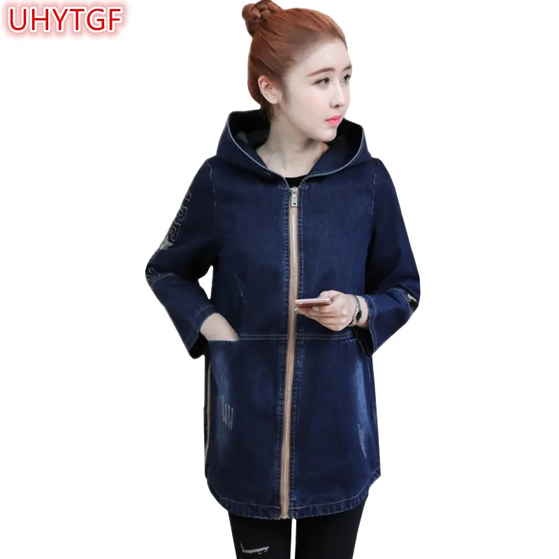 

UHYTGF Spring Autumn Denim Jacket Womens Basic Coat Hooded Long Coat For Student Jeans Jacket Women Tops Fashion casual style 70
