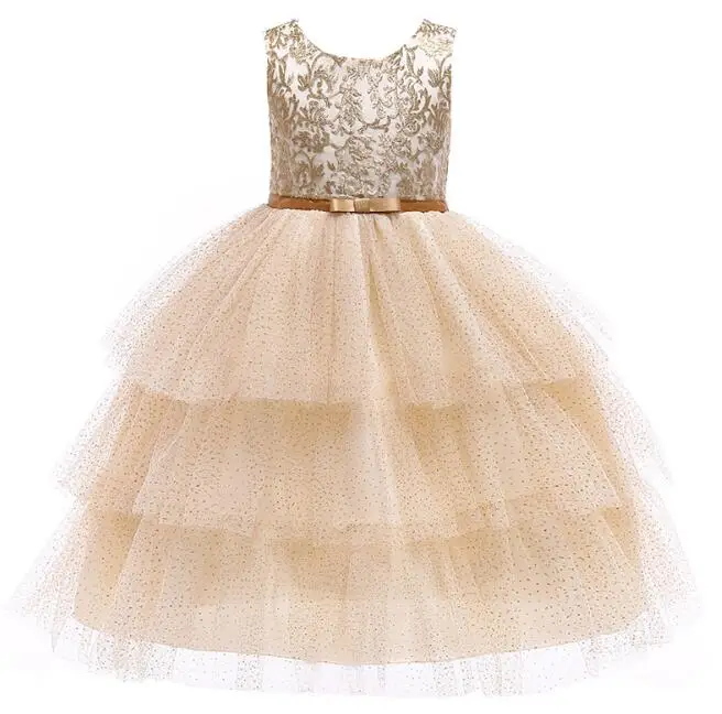 Элегантное праздничное платье с вышивкой для маленьких девочек, свадебное платье золотого и серебряного цвета, платье принцессы для первого праздника, детская одежда