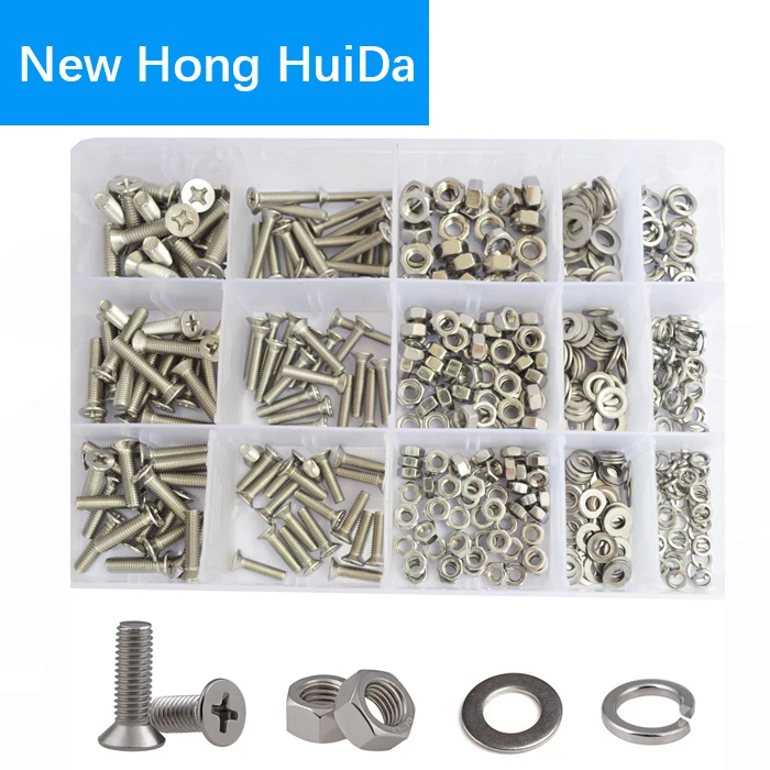24 Grids Stailess Steel Bolts Nuts Washers Set Machine Screws Metric M3 M4 M5 M6