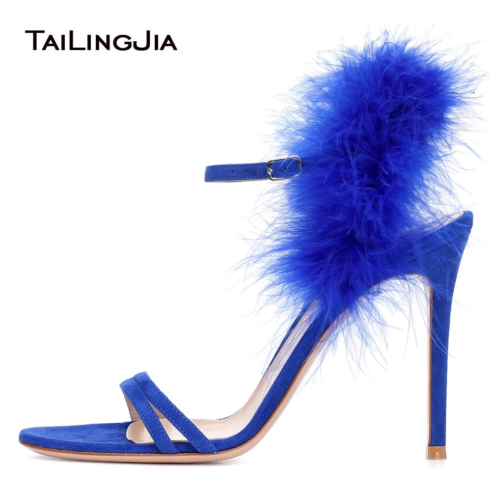 

Women Shoes High Heels Fur Women Buckle Strap Shoes Blue Feather Sandals Open Toe Thin High Heels Party Wedding Shoes Big Size