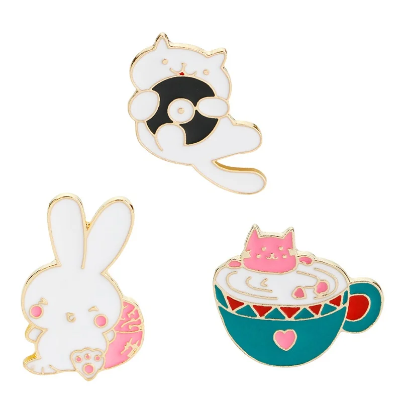 New 3 Designs Lovely Enamel Coffee cup cat pin Cartoon