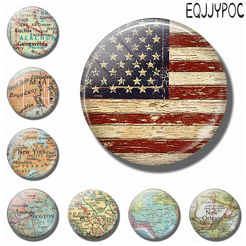 

American Flag 30MM Fridge Magnet USA City New York Boston New Orleans California Texas Map Glass Magnetic Refrigerator Stickers