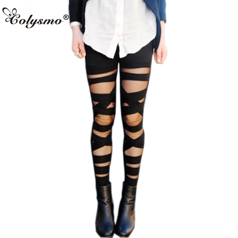 

Colysmo Women's Cut-out Bandage Lace Leggings Pant Autumn Spring Summer Mesh Insert Cross Pants New Black Legging