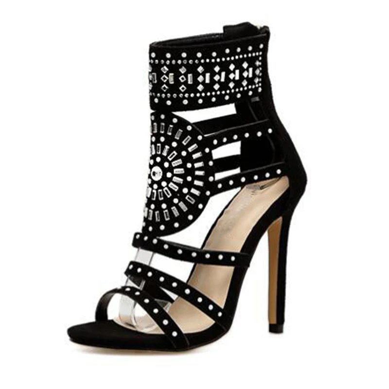 DIJIGIRLS/женские модные босоножки на высоком каблуке с открытым носком, украшенные стразами; черные сандалии-гладиаторы с блестками и ремешком на лодыжке