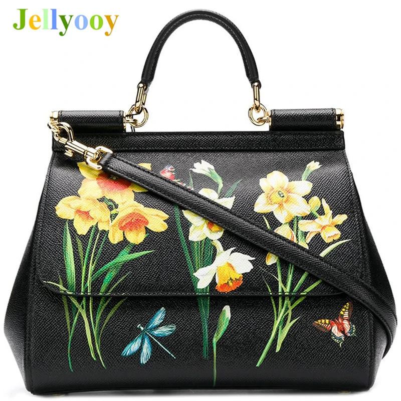 

2018 Genuine Leather Luxury Handbags Women Bags Designer Famous Drands Miss Sicily' Floral Print Satchel Bag Black Shoulder Bags