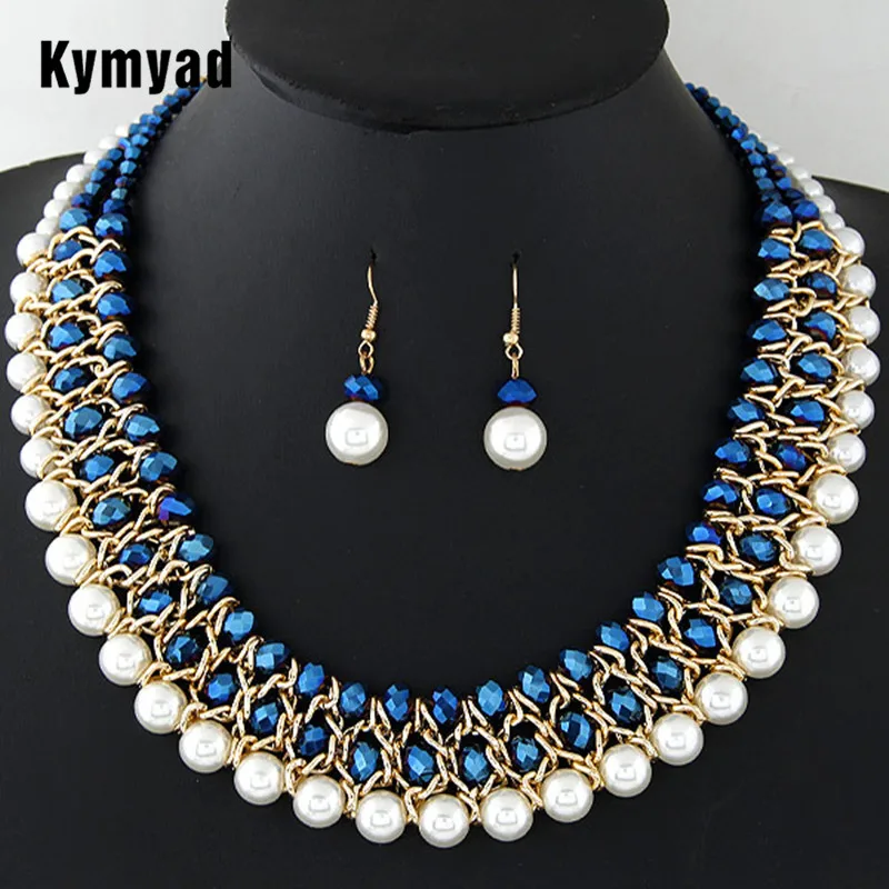 

Kymyad Imitation Pearl Jewelry Sets For Women African Beads Jewelry Set Gold Color Multilayer Statement Necklace Earrings Set