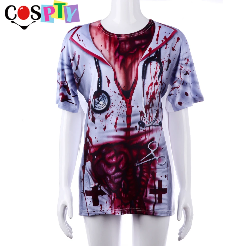 Cospty взрослый страшный кровавый принт 3D костюм медсестры доктор одежда Топ косплей Хэллоуин футболка для мужчин и женщин