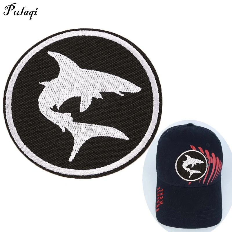 

Pulaqi Shark Fish Appliques Motorcycle Jacket Biker Vest Patch For Clothes Embroidered Iron On Badges Patches Accessories H