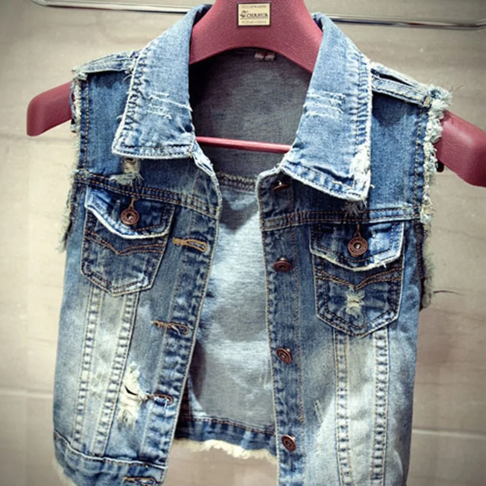 Stylish Ripped Jeans Vest Women Spring Fall Vintage Denim Waistcoat