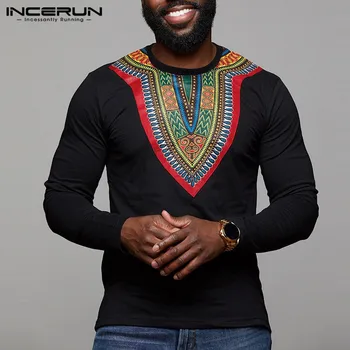 

INCERUN 2019 Long Sleeve Men Print T Shirt Ethnic Style Casual O Neck Fashion African Clothes Fitness Dashiki T-shirts Men S-5XL