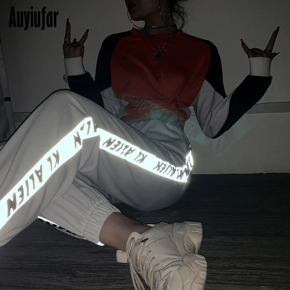 

Auyiufar Reflective Streetwear Cargo Pants Side Stripe Patchwork Female Joggers Trousers High Waist Plus Size 2019 Loose Pants