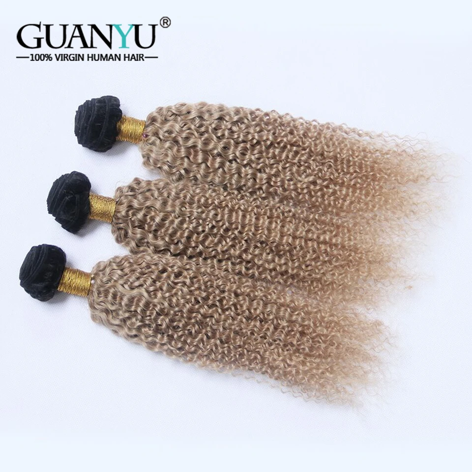  Guanyuhair 3Pc Honey Blonde Ombre Kinky Curly Hair Weave Bundle With Frontal Closure Ear to Ear Per