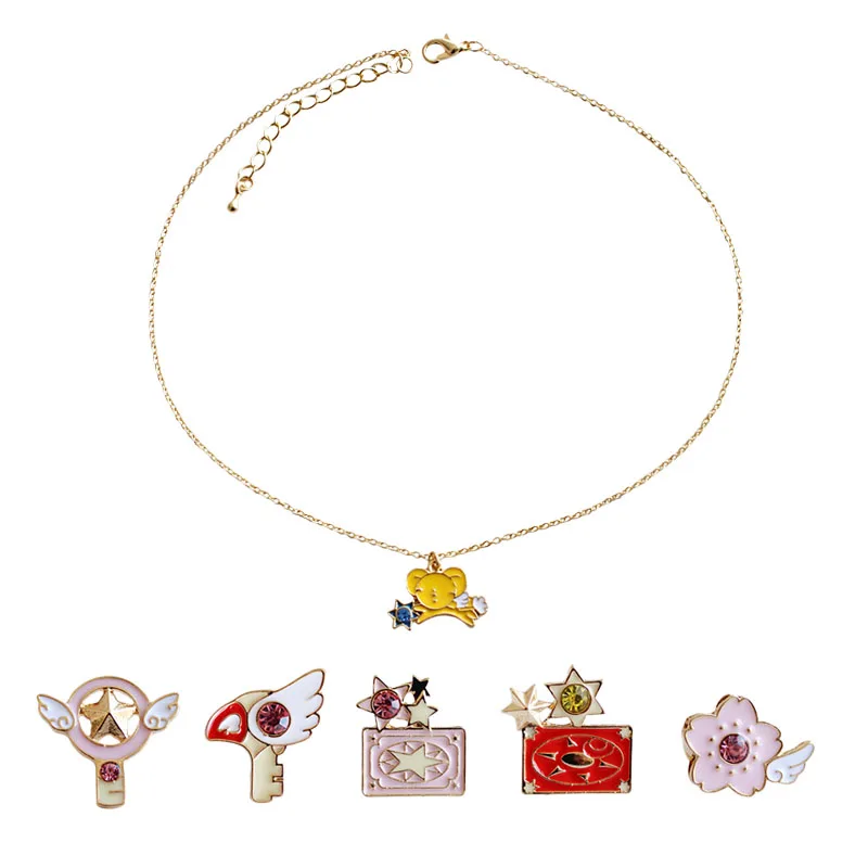 

free shipping 6 pcs/lot fashion jewelry items metal enamel Japanese anime Sakura star wand bird head Card Captor necklace